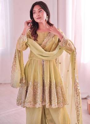 Lemon fendy satin with embroidered real mirror work plazzo set 4