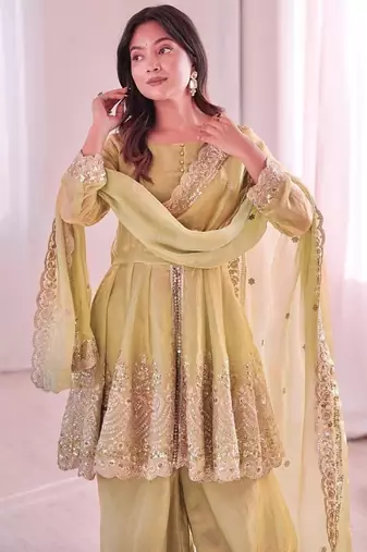 Lemon fendy satin with embroidered real mirror work plazzo set
