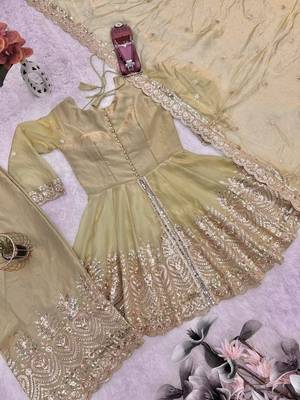 Lemon fendy satin with embroidered real mirror work plazzo set 5