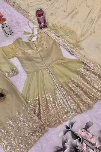 Lemon fendy satin with embroidered real mirror work plazzo set