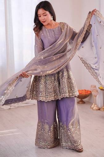 Lavender fendy satin with embroidered real mirror work plazzo set