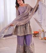 Lavender fendy satin with embroidered real mirror work plazzo set