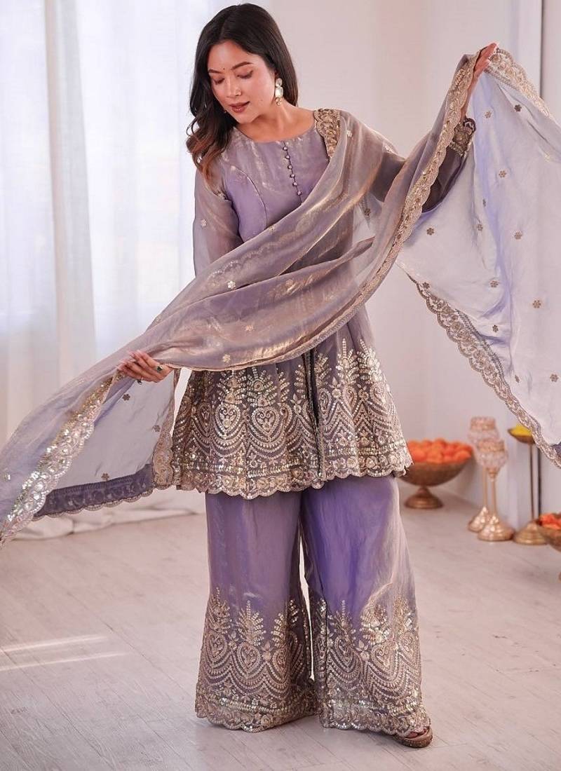 Lavender fendy satin with embroidered real mirror work plazzo set