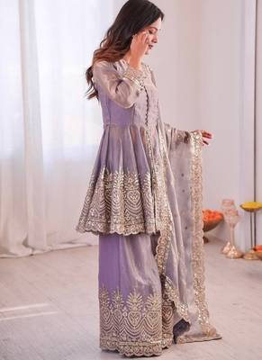 Lavender fendy satin with embroidered real mirror work plazzo set 2