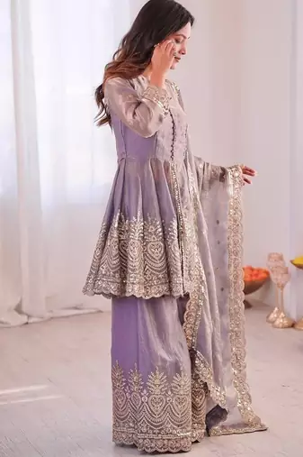 Lavender fendy satin with embroidered real mirror work plazzo set