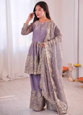 Lavender fendy satin with embroidered real mirror work plazzo set 3