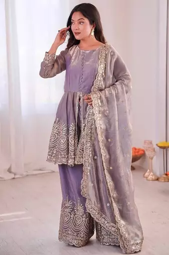 Lavender fendy satin with embroidered real mirror work plazzo set