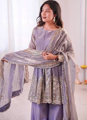 Lavender fendy satin with embroidered real mirror work plazzo set 4
