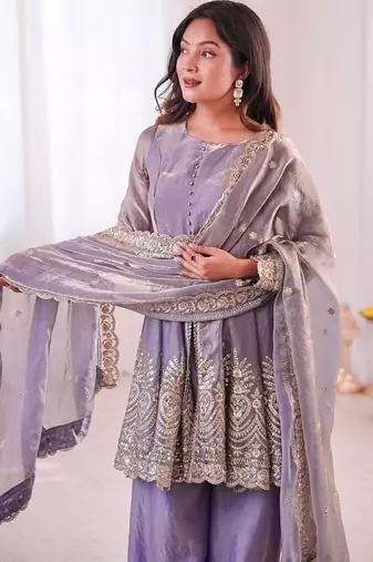 Lavender fendy satin with embroidered real mirror work plazzo set