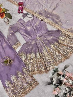 Lavender fendy satin with embroidered real mirror work plazzo set 5