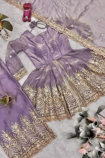 Lavender fendy satin with embroidered real mirror work plazzo set