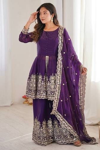 Purple fendy satin with embroidered real mirror work plazzo set