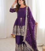 Purple fendy satin with embroidered real mirror work plazzo set