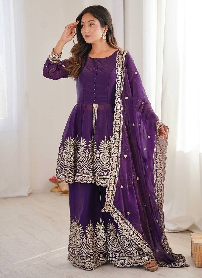Purple fendy satin with embroidered real mirror work plazzo set