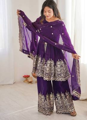 Purple fendy satin with embroidered real mirror work plazzo set 2