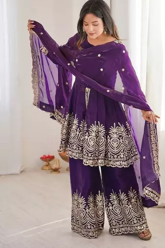 Purple fendy satin with embroidered real mirror work plazzo set