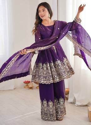Purple fendy satin with embroidered real mirror work plazzo set 3