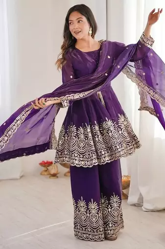 Purple fendy satin with embroidered real mirror work plazzo set