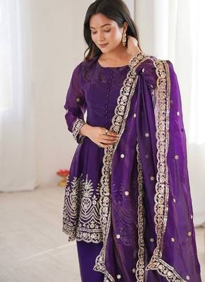 Purple fendy satin with embroidered real mirror work plazzo set 4