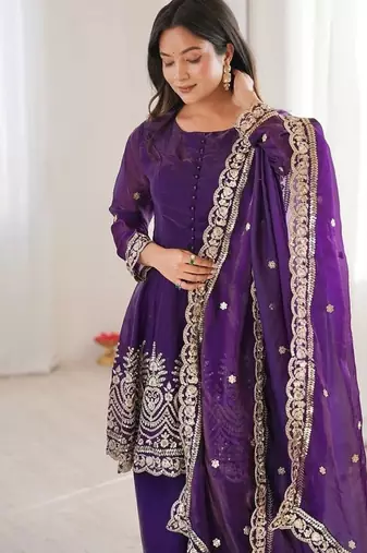 Purple fendy satin with embroidered real mirror work plazzo set