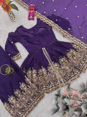 Purple fendy satin with embroidered real mirror work plazzo set 5