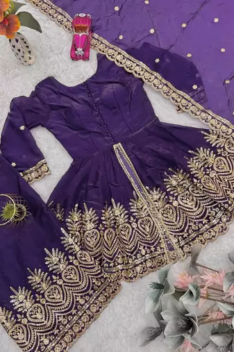 Purple fendy satin with embroidered real mirror work plazzo set