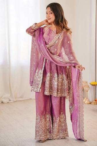 Onionpink fendy satin with embroidered real mirror work plazzo set