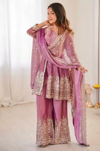 Onionpink fendy satin with embroidered real mirror work plazzo set