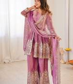 Onionpink fendy satin with embroidered real mirror work plazzo set
