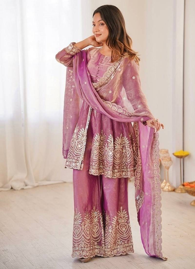 Onionpink fendy satin with embroidered real mirror work plazzo set