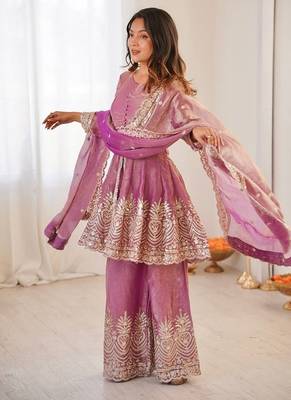 Onionpink fendy satin with embroidered real mirror work plazzo set 2