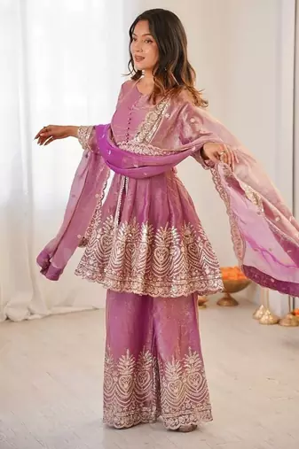 Onionpink fendy satin with embroidered real mirror work plazzo set