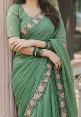 Green thread embroidery floral border work organza silk   elegant festive style 2