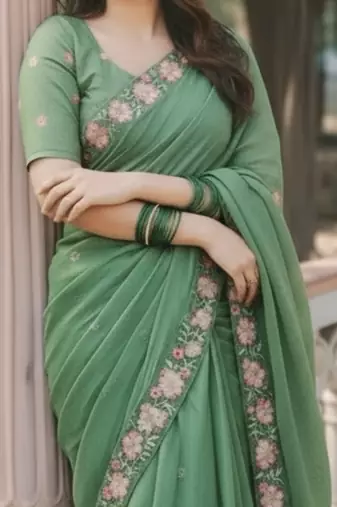 Green thread embroidery floral border work organza silk   elegant festive style