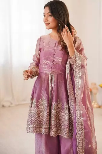 Onionpink fendy satin with embroidered real mirror work plazzo set
