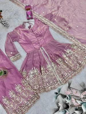 Onionpink fendy satin with embroidered real mirror work plazzo set 5