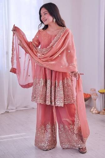 Coral fendy satin with embroidered real mirror work plazzo set