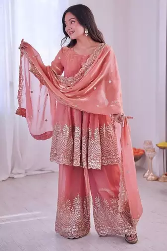 Coral fendy satin with embroidered real mirror work plazzo set