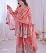 Coral fendy satin with embroidered real mirror work plazzo set