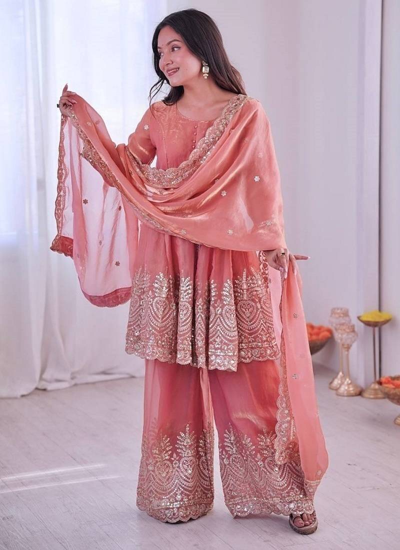 Coral fendy satin with embroidered real mirror work plazzo set