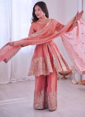 Coral fendy satin with embroidered real mirror work plazzo set 2