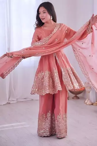 Coral fendy satin with embroidered real mirror work plazzo set