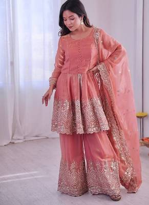 Coral fendy satin with embroidered real mirror work plazzo set 3