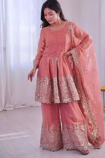 Coral fendy satin with embroidered real mirror work plazzo set