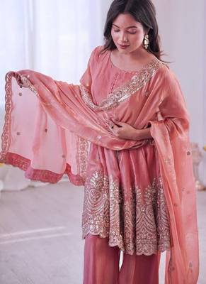 Coral fendy satin with embroidered real mirror work plazzo set 4