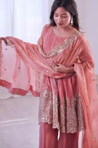 Coral fendy satin with embroidered real mirror work plazzo set