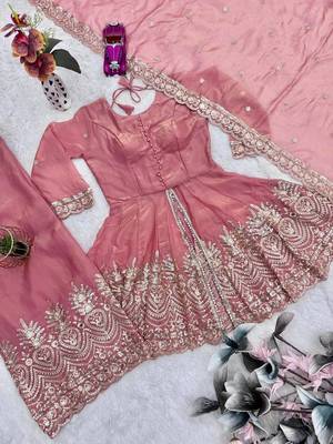 Coral fendy satin with embroidered real mirror work plazzo set 5
