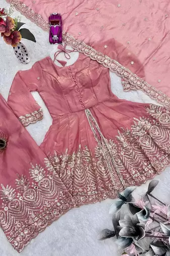 Coral fendy satin with embroidered real mirror work plazzo set