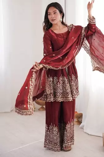 Maroon fendy satin with embroidered real mirror work plazzo set