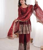 Maroon fendy satin with embroidered real mirror work plazzo set